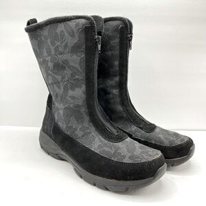 Lands End Women’s Size 10B Black Snow Boots with Flower Design Winter Cold